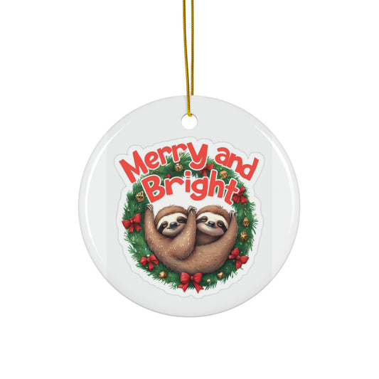 Merry and Bright Sloths in Wreath Ceramic Ornament, 4 Shapes